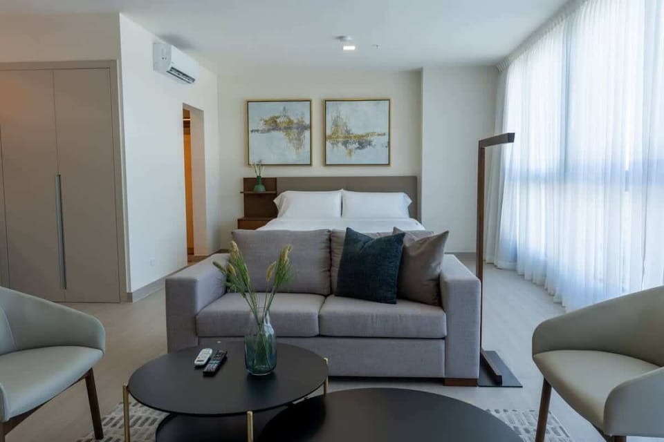 Studio living and sleeping area