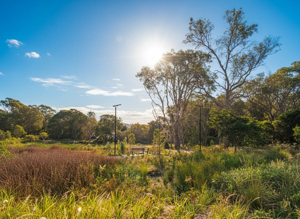 Nature reserve behind retreat with a path that leads to the center of town.