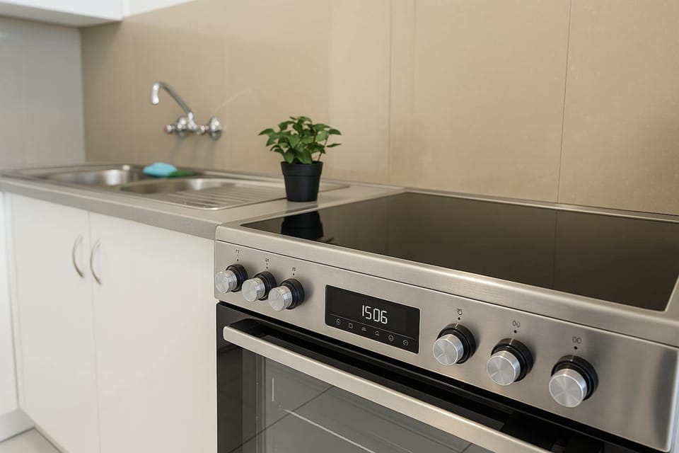 Modern oven and stove in renovated kitchen