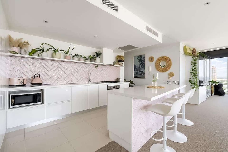 Modern kitchen with island bench and seating
