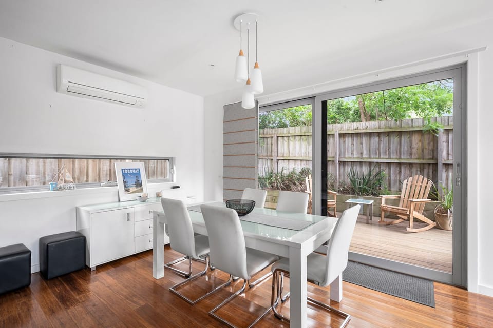 dining area leading onto peaceful courtyard