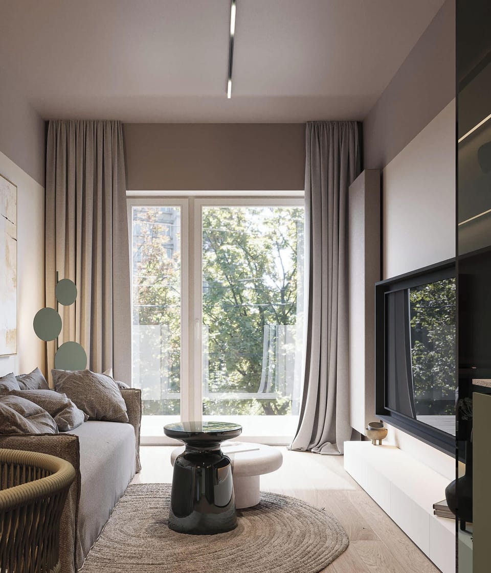 Cozy studio with sofa, coffee table and soft decor