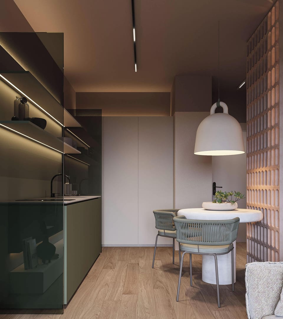 Open-plan studio with kitchen and dining space