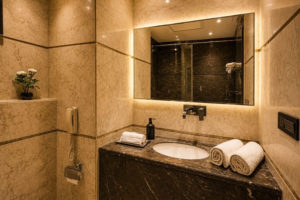 Combined shower/tub, free toiletries, towels, soap