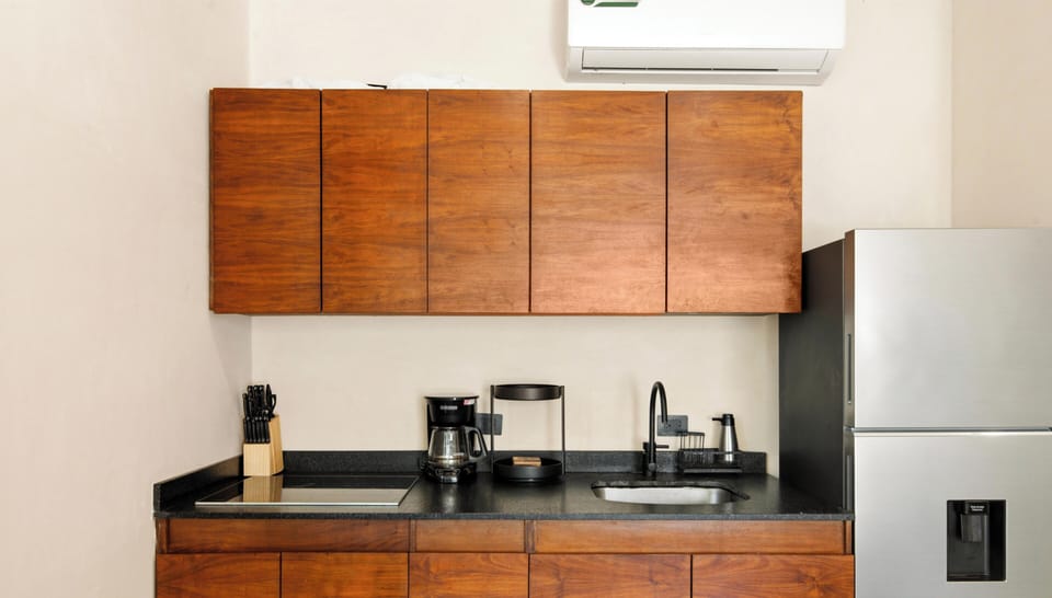 Deluxe Apartment, Garden View | Private kitchen | Fridge, microwave, stovetop, cookware/dishes/utensils