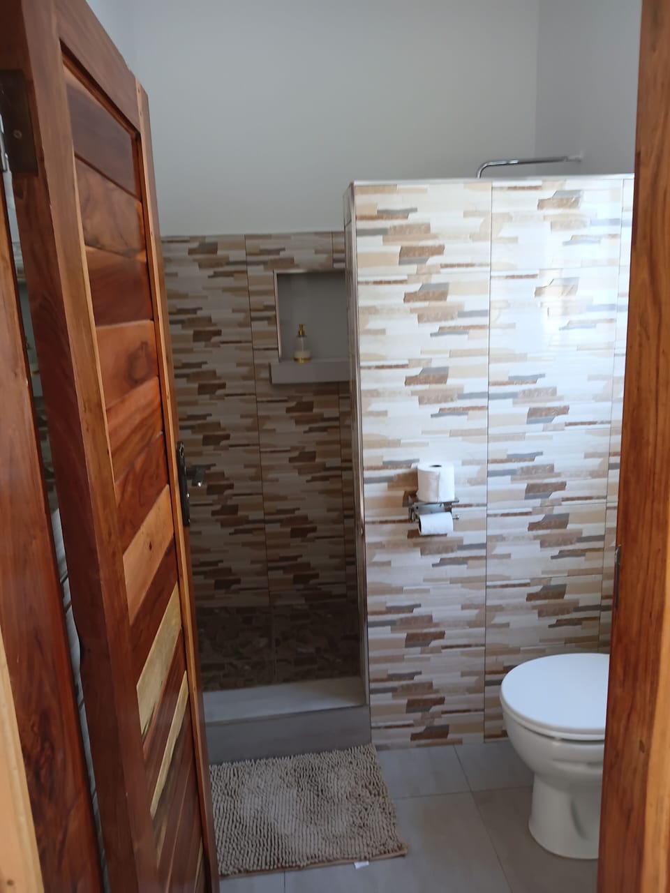 Shower, towels, soap, toilet paper