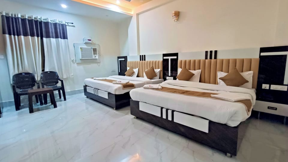 Premium bedding, desk, laptop workspace, soundproofing