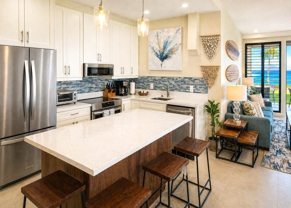 A clean white kitchen with stainless appliances, generous counter space, and a breakfast bar for casual meals NAP-B40