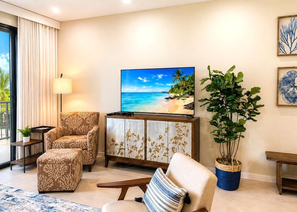 The living space features a flat screen TV and tasteful, ocean inspired decor NAP-B40