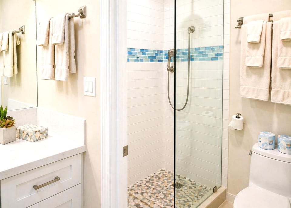 A spacious master bath with a walk-in shower and a handheld showerhead NAP-B40