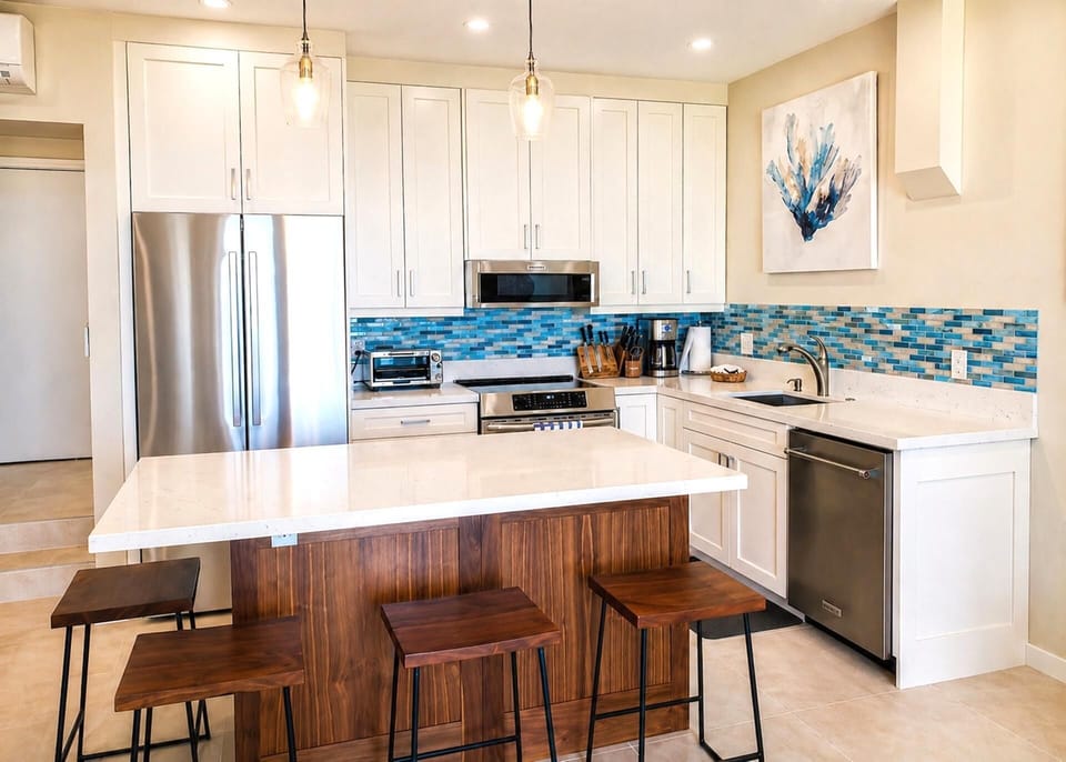 The kitchen features a spacious island with seating for four NAP-B40