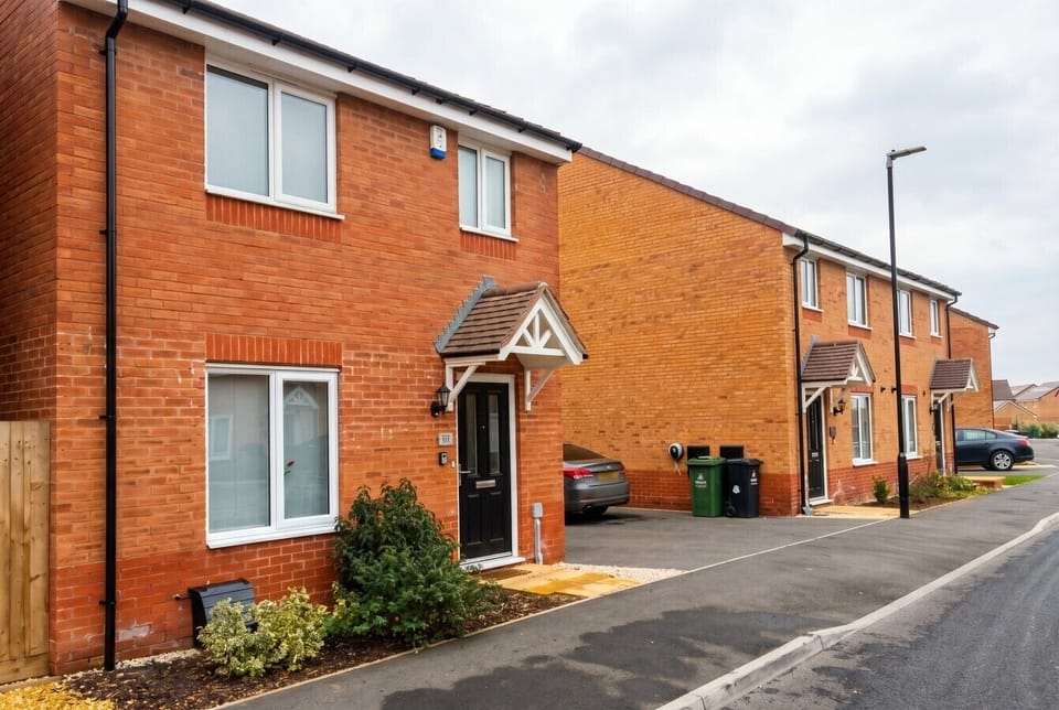 Your home for the stay, a modern red-brick house on a quiet residential street with parking.