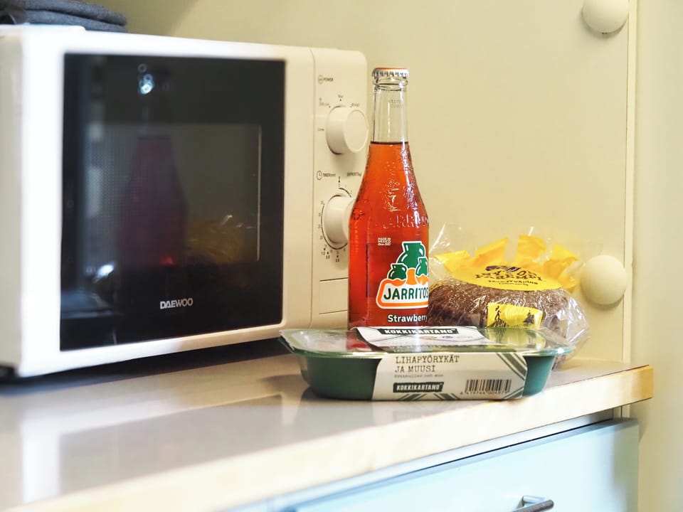 Fridge, microwave, highchair, cookware/dishes/utensils