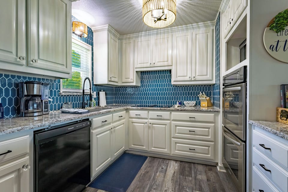 fully stocked kitchen with basic necessities. Standard drip coffee maker- bring your own filters and grounds. 