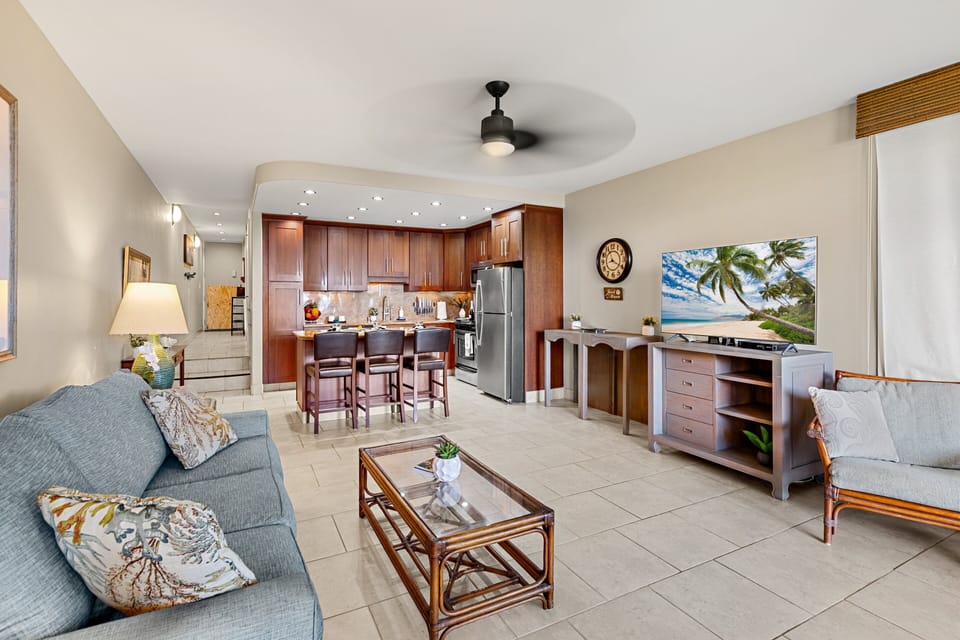 Open-concept living room with cozy seating