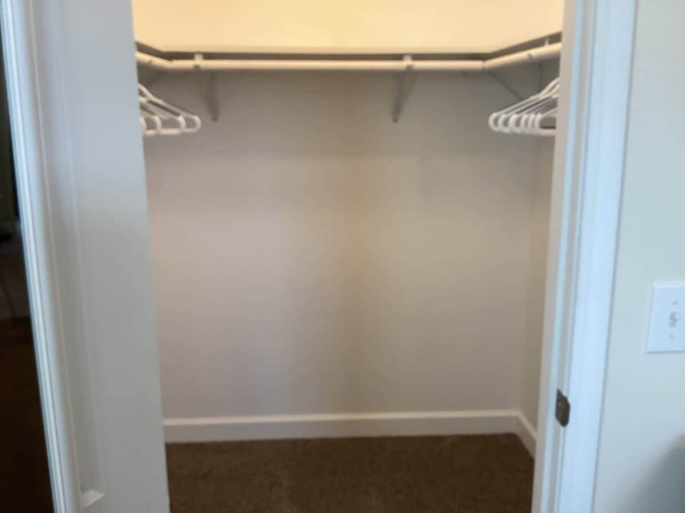Spacious walk-in closet with L-shaped hanging rods and carpeted floor.
