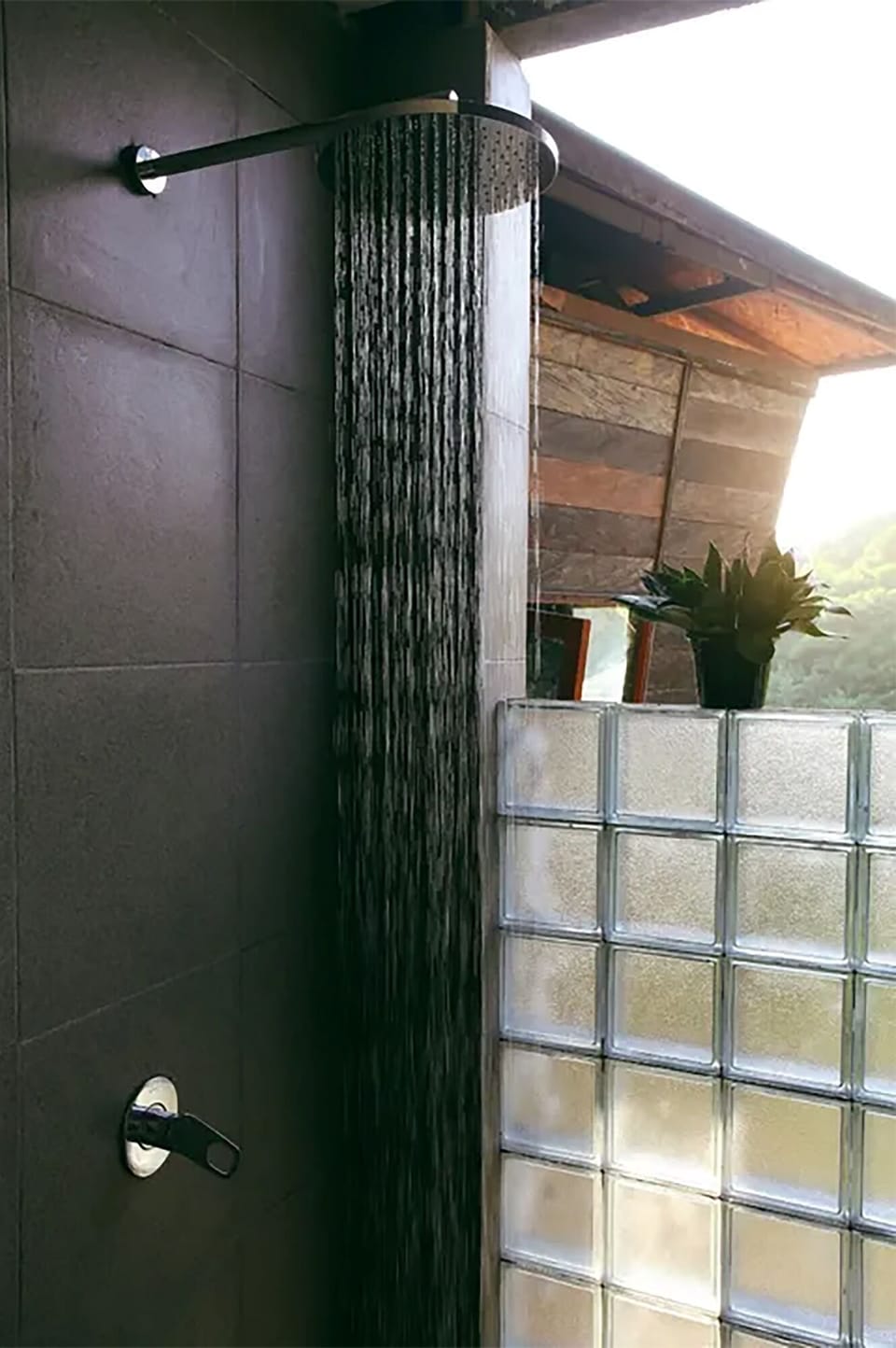 Shower, rainfall showerhead, free toiletries, towels