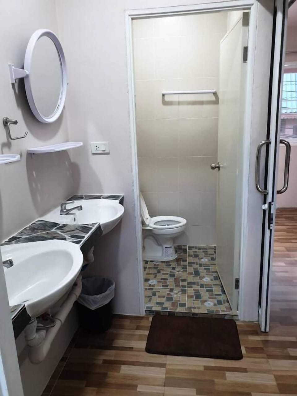 Shower, rainfall showerhead, towels, soap
