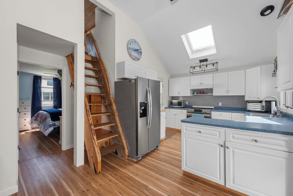 Step stairs take you up to the lofted bedroom