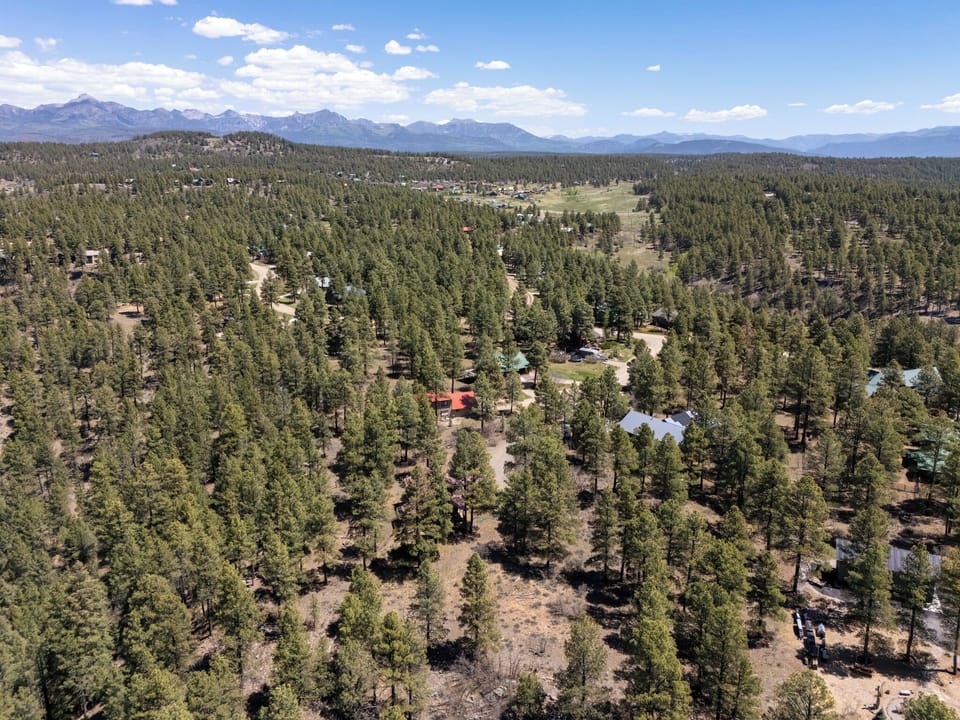 Aerial view of the property nestled among tall pines with sweeping mountain vistas on the horizon, offering a secluded forested retreat.