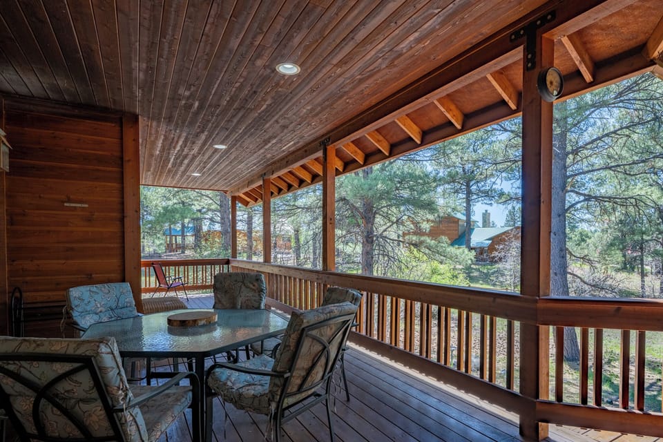 Step onto your private covered deck where morning coffee or evening wine pairs with peaceful forest views and fresh mountain air.