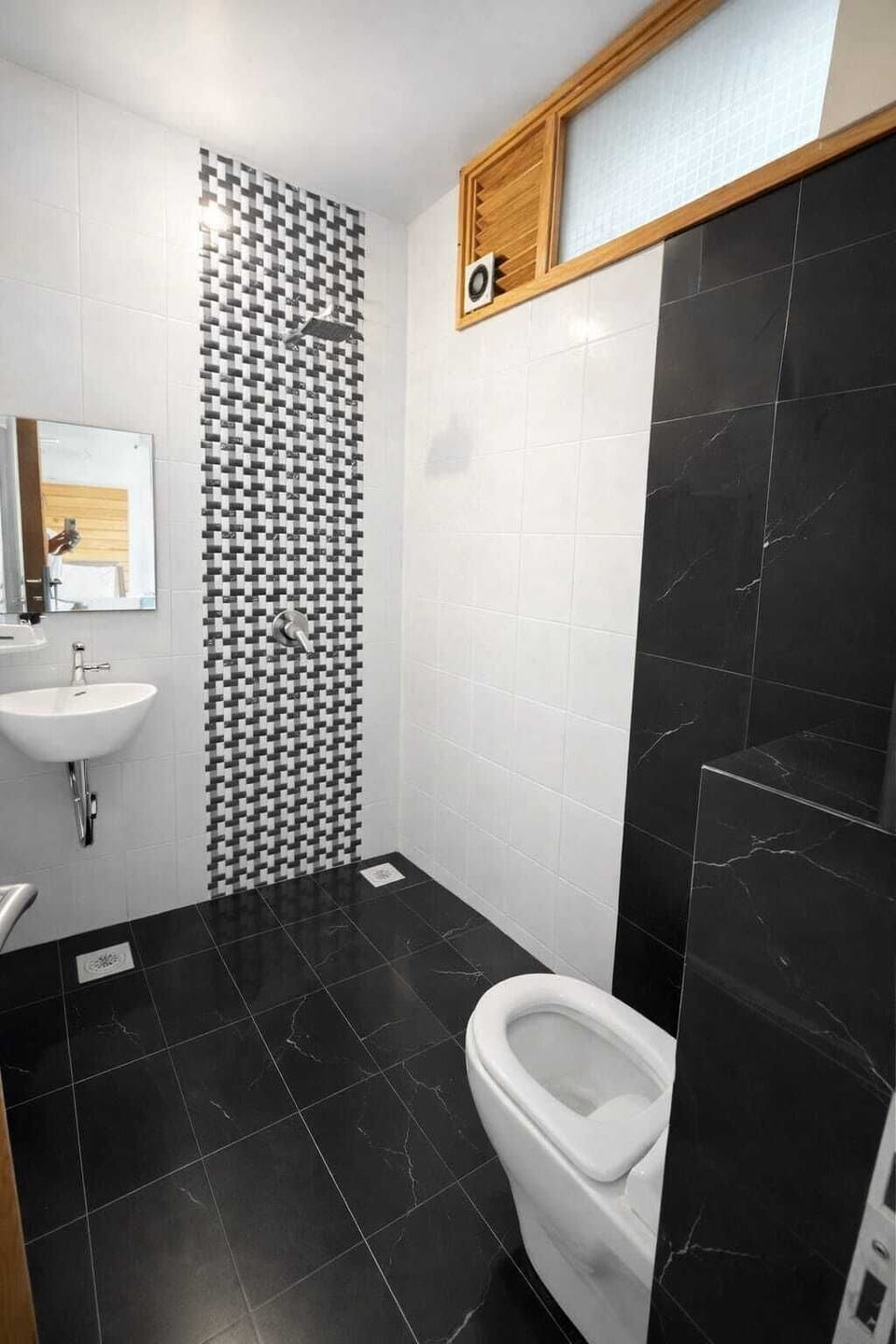 Shower, hair dryer, slippers, towels