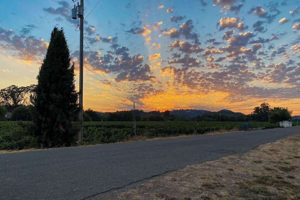 Watch golden sunsets paint the sky over Healdsburg's vineyard-lined hills — this wine country panorama unfolds right from your doorstep.
