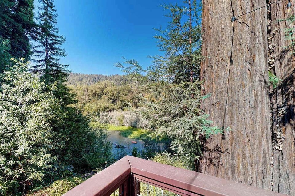 Step onto your private deck and take in sweeping Russian River views framed by towering redwoods — your morning coffee backdrop in Forestville wine country.