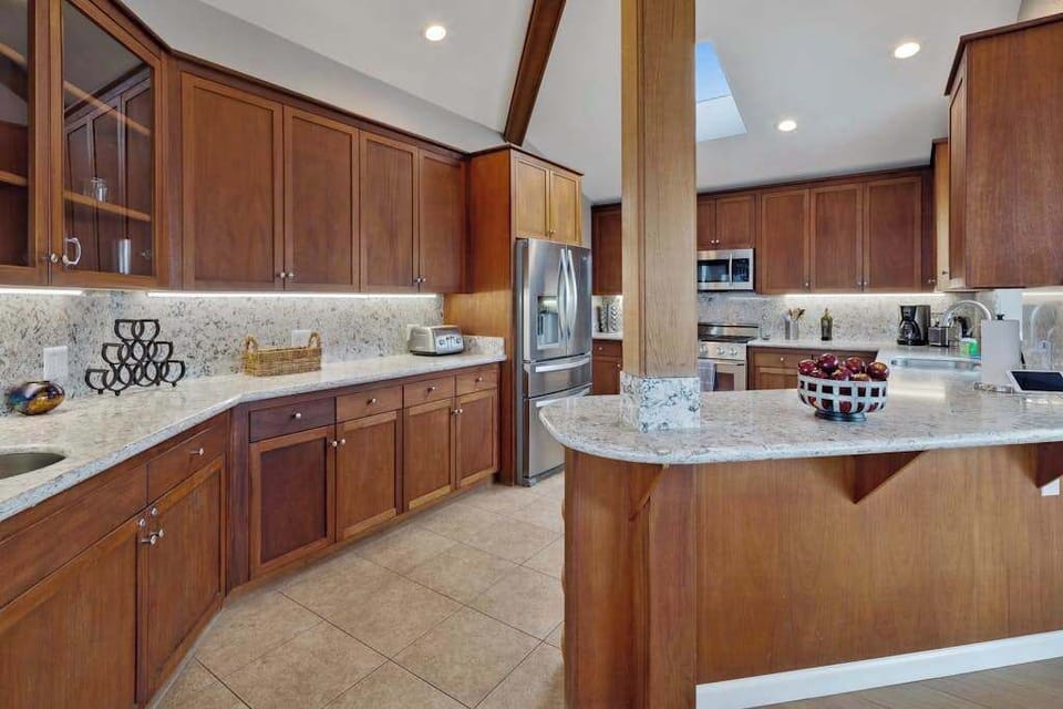 Granite countertops and ample storage make it easy to cook a wine-country feast with ingredients from local Bodega Bay markets.