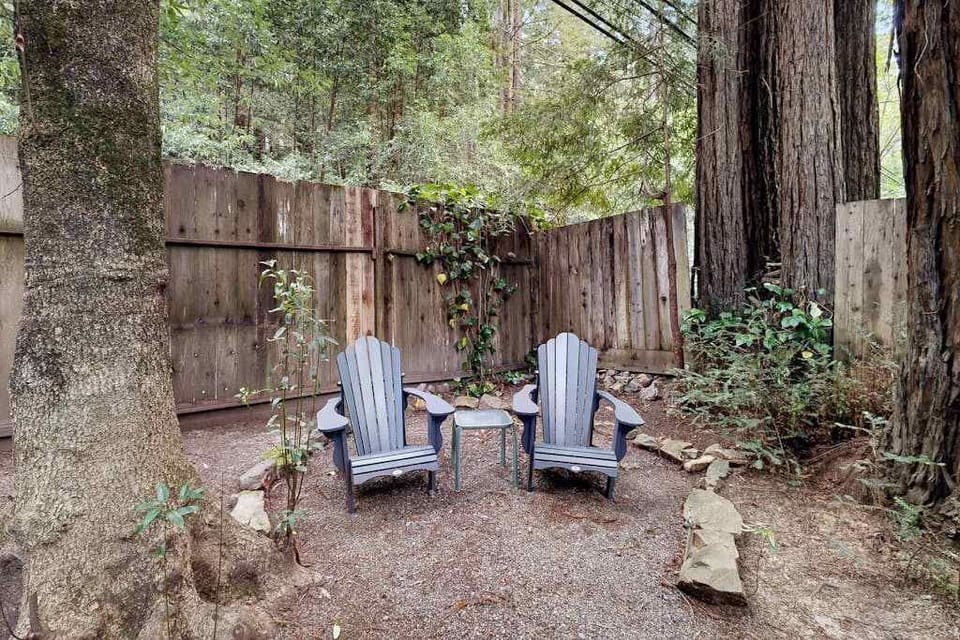 Unwind in your private Adirondack seating area beneath ancient redwoods after a day exploring Sonoma County wineries.