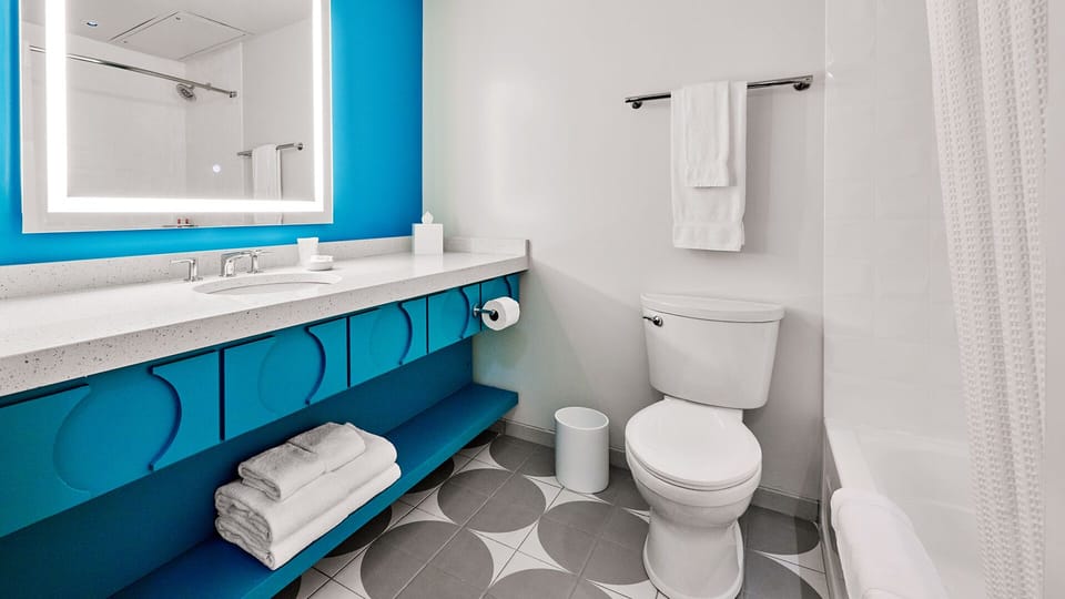 Combined shower/tub, free toiletries, hair dryer, towels