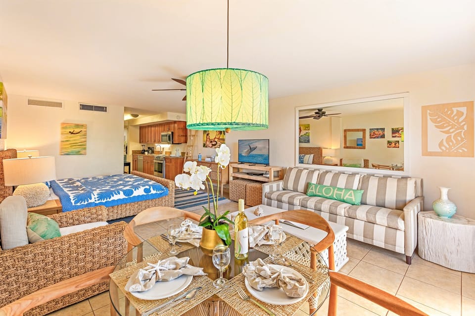 Soft lighting creates a welcoming island vibe