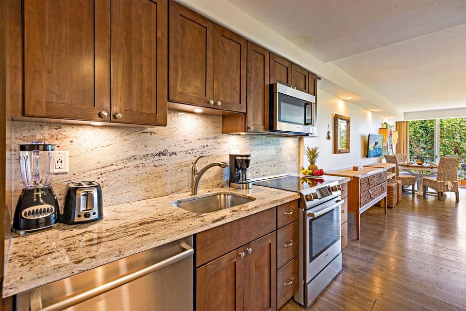 Sleek cabinetry and stainless steel appliances