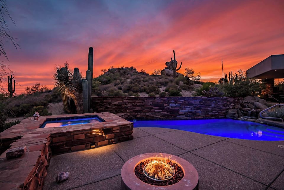 Relax into the tranquility of this private backyard. Poolside in the heated pool, under the stars in the hot tub / spa, or next to the stone fire pit. Sunrises and sunsets you will never forget!