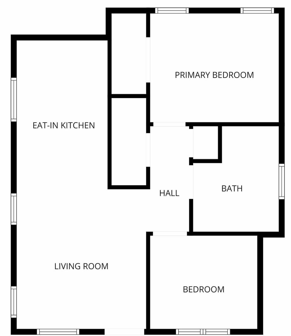 Floor plan overview — 2BR, 1BA, eat-in kitchen, and living room at a glance