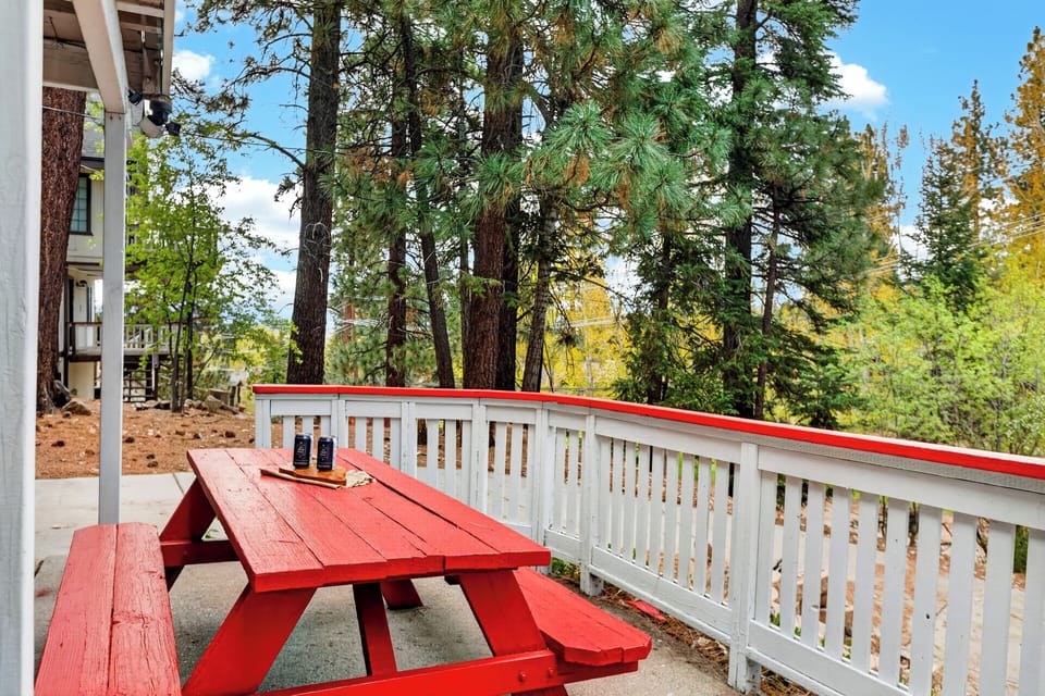 Bright outdoor dining area with picnic table and scenic forest backdrop.