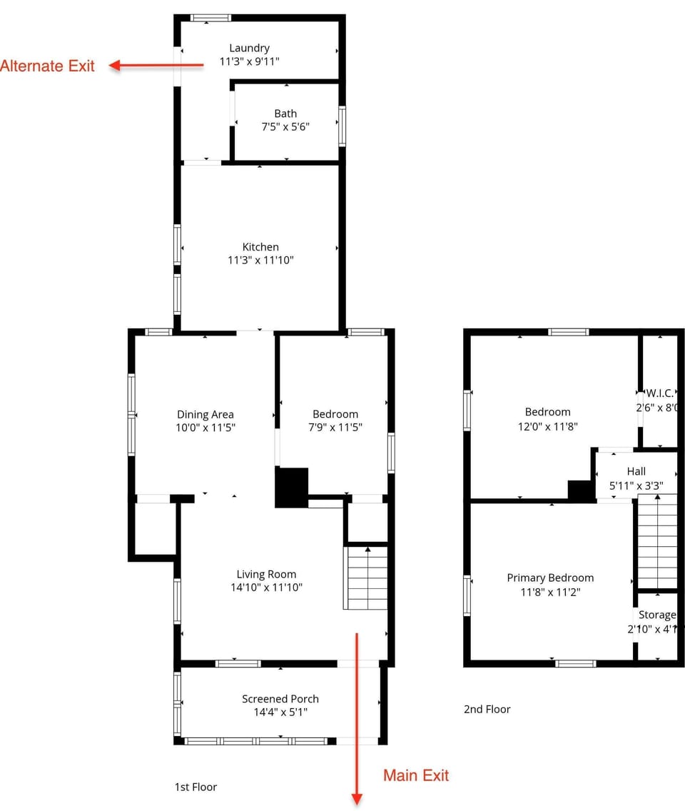 Floor plan showing a two-story layout with three bedrooms, full kitchen, dining area, living room, screened porch, laundry, and storage—1,184 total square feet.