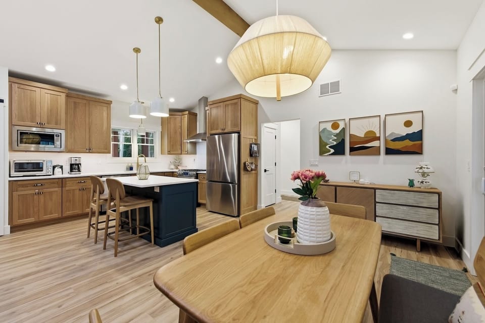 Kitchen and dining area with large island