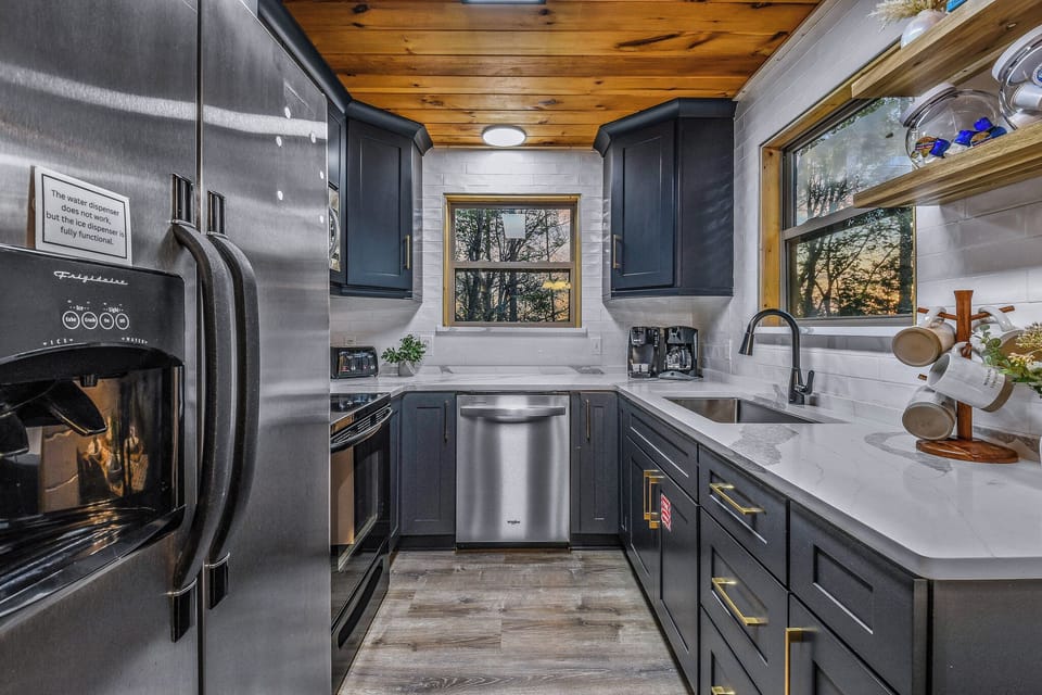 Modern cabin kitchen with stainless appliances and scenic wooded views