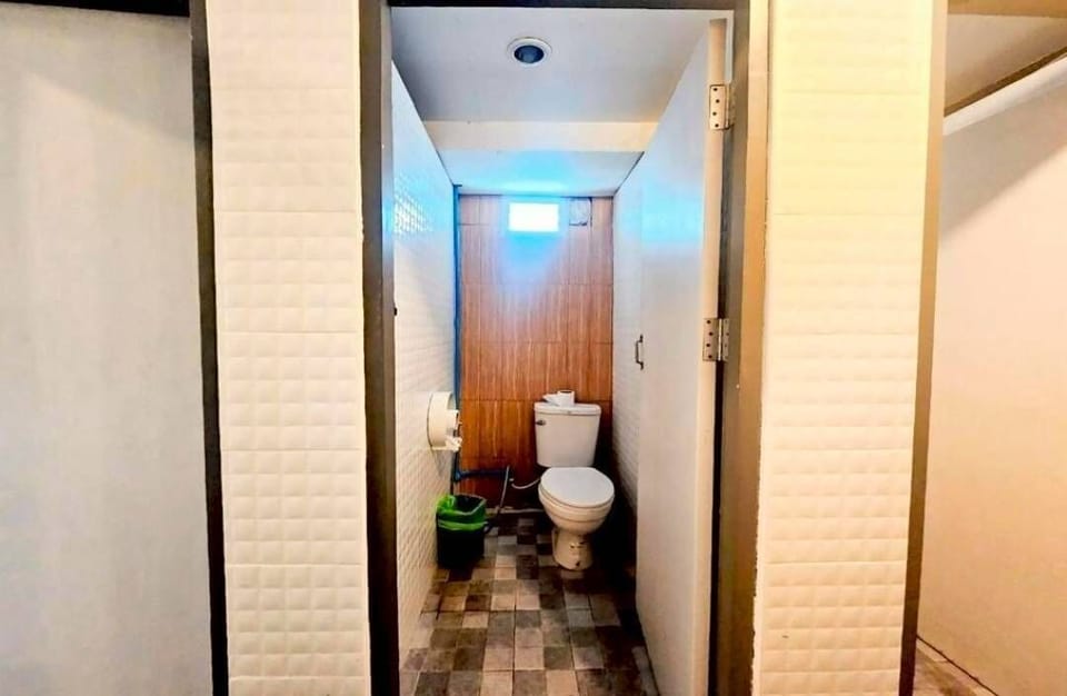 Shower, hair dryer, towels, toilet paper