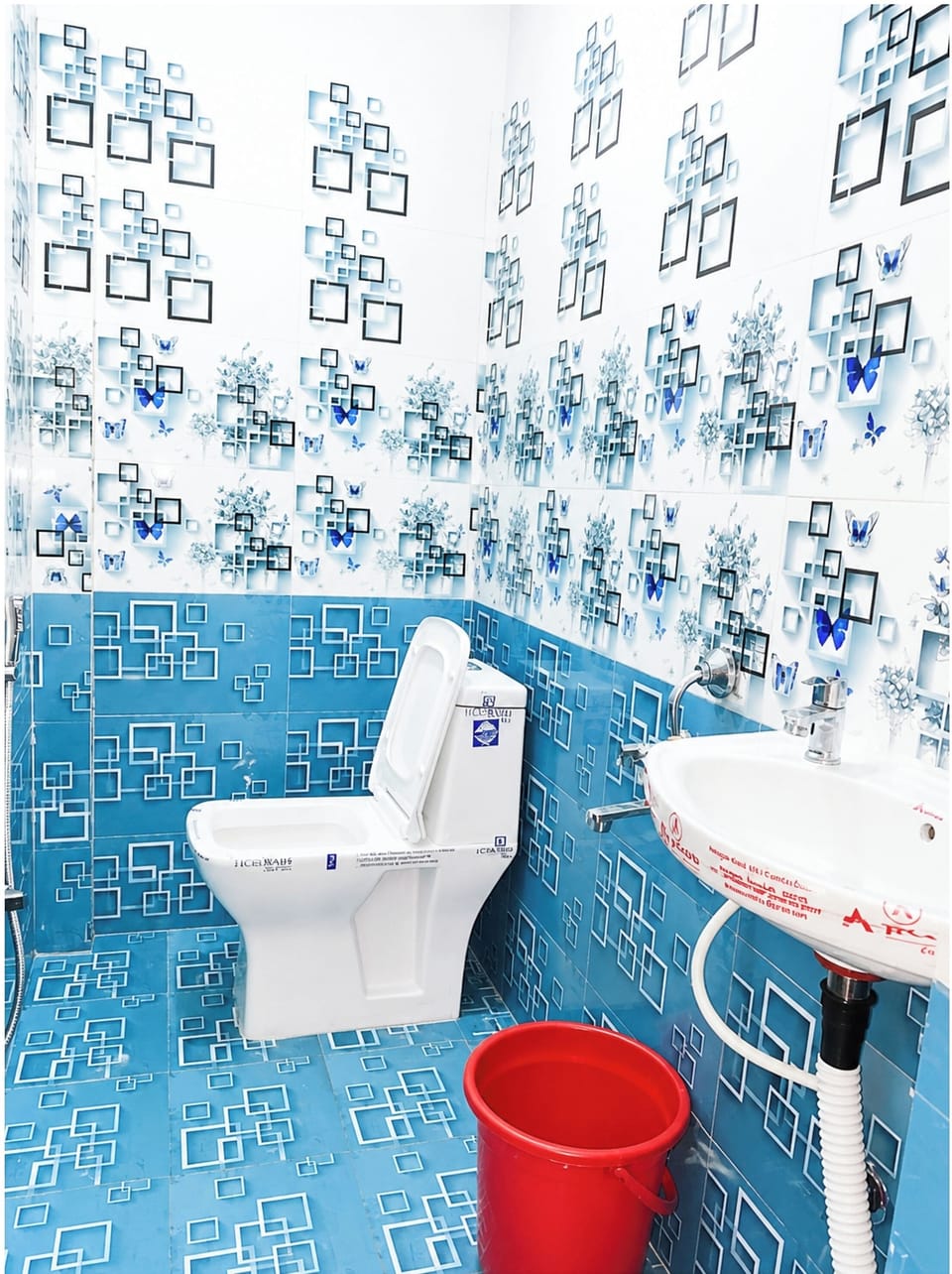 Shower, rainfall showerhead, slippers, towels