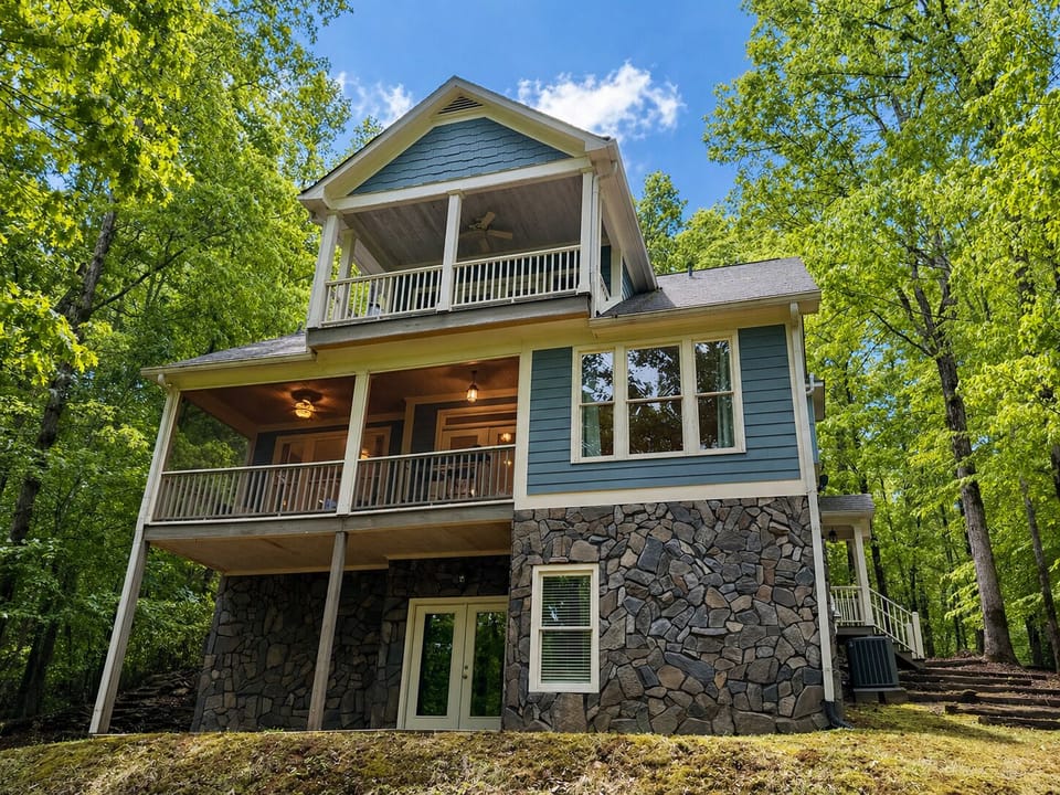 Exterior Back, 3 levels of outdoor living, Real Stone