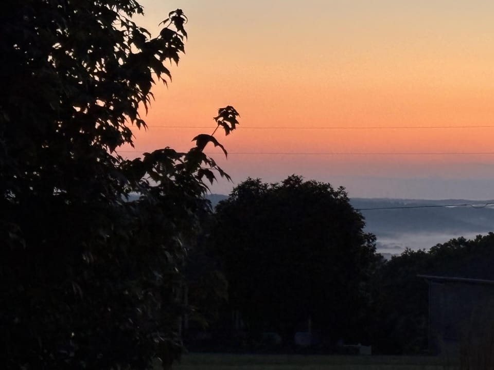 Sunset sky fades from peach to lavender behind dark silhouettes of leafy trees and distant hills.
