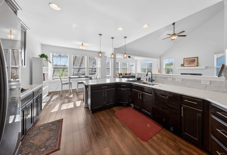 Equipped with all dishes, pots and pans, paper products, cleaning supplies and basic condiments