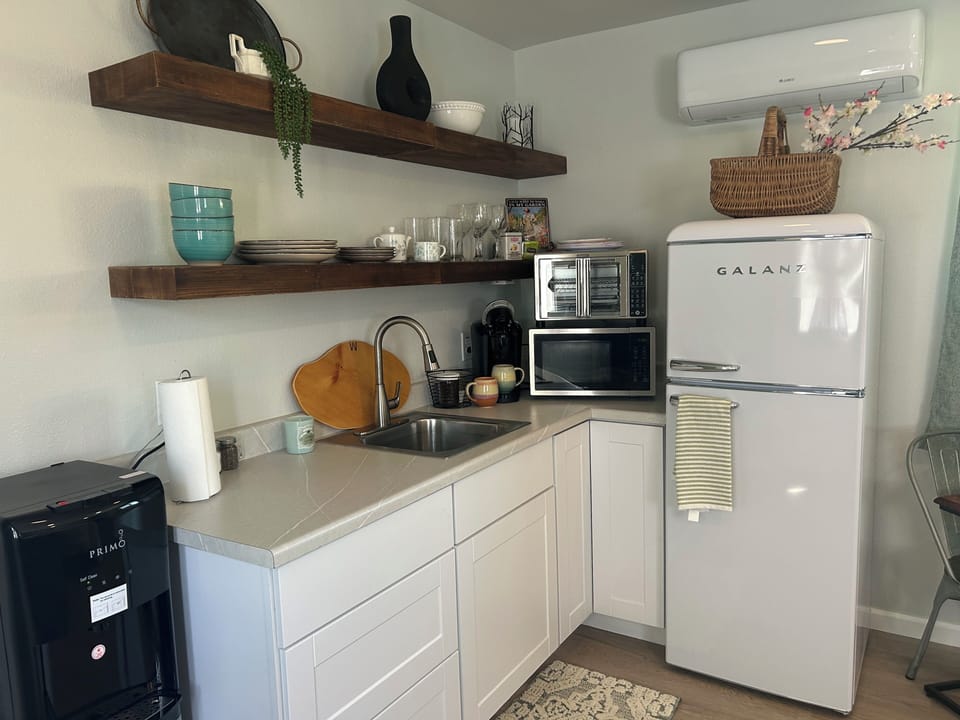 Refrigerator, air fryer, coffee maker,mini oven, hot plate.