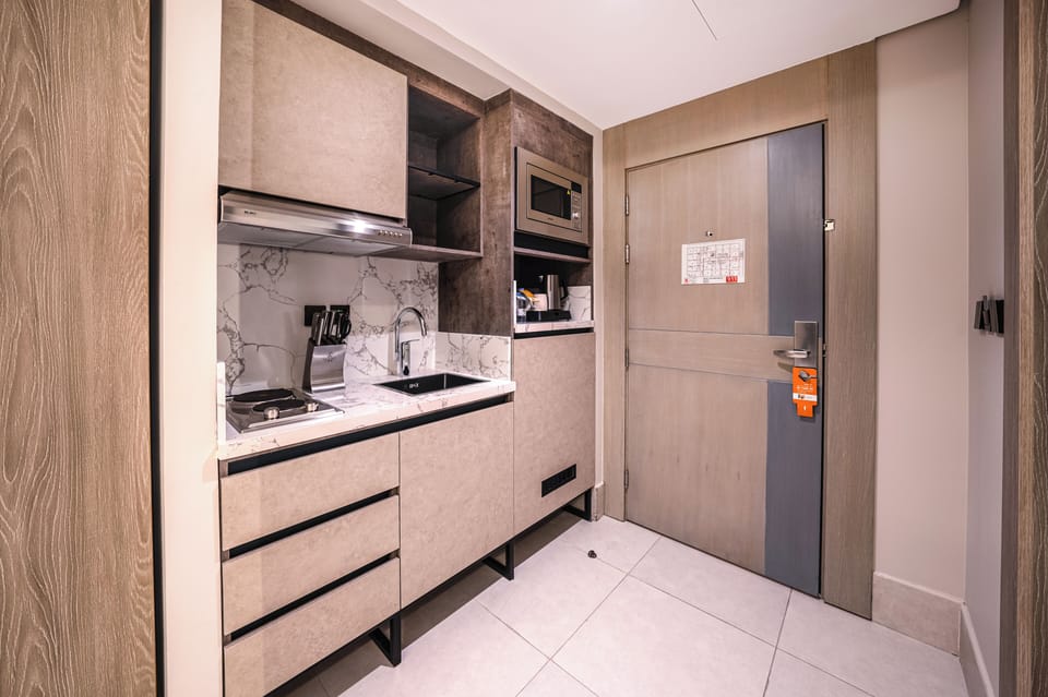 Mini-fridge, microwave