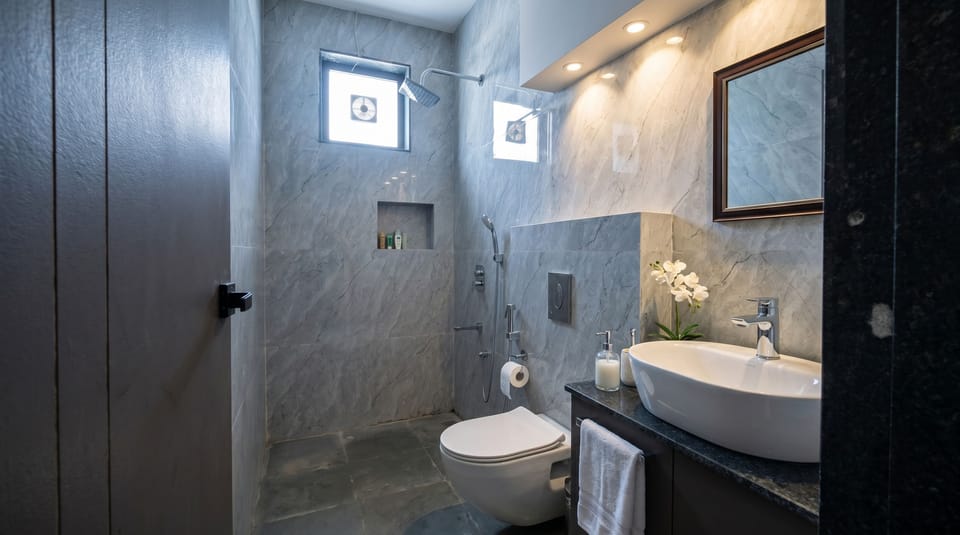 Shower, towels, soap, shampoo