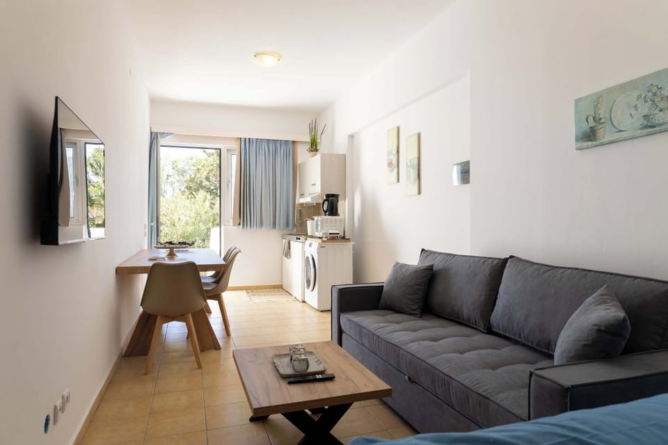 Stylish living room with comfortable seating and TV