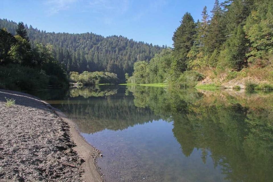 Step outside your door and discover the Russian River at its most serene — glassy water reflecting towering redwoods, a pebbly beach, and nothing but birdsong.