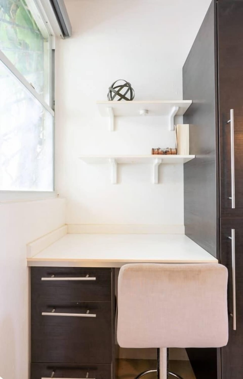 A dedicated desk provides a convenient spot to work or plan your day.
